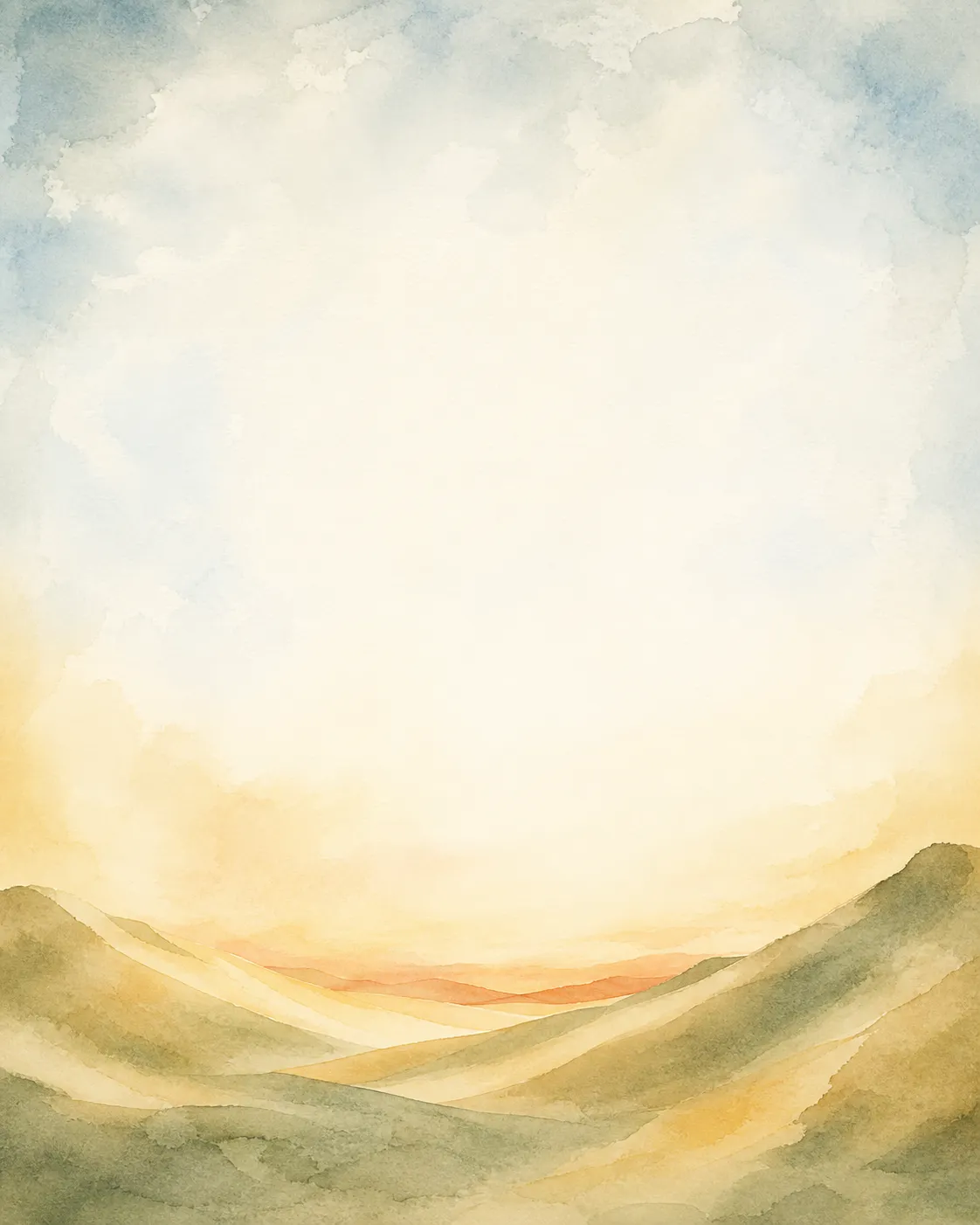 A soft watercolour of rolling hills opening toward a bright horizon, a band of warm orange light along the far ridge.