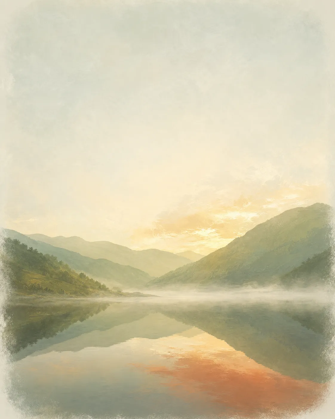 A still lake at first light, mist lying on the water, wooded hills reflected almost perfectly on the surface.