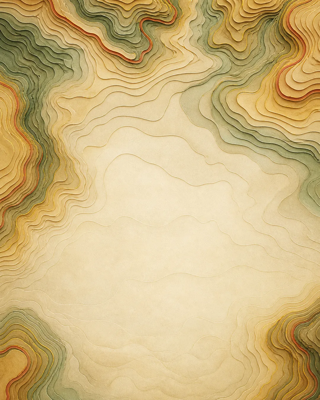 Layered contour lines in sage, gold and terracotta, folding like a topographic map around a pale open centre.