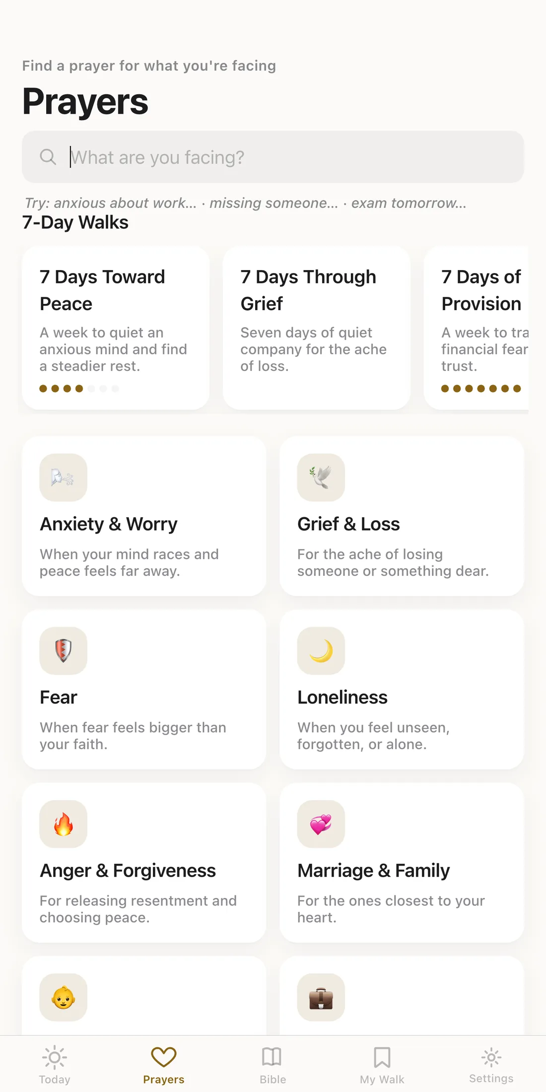The Prayers screen listing situations to pray through, including Anxiety & Worry and Grief & Loss.