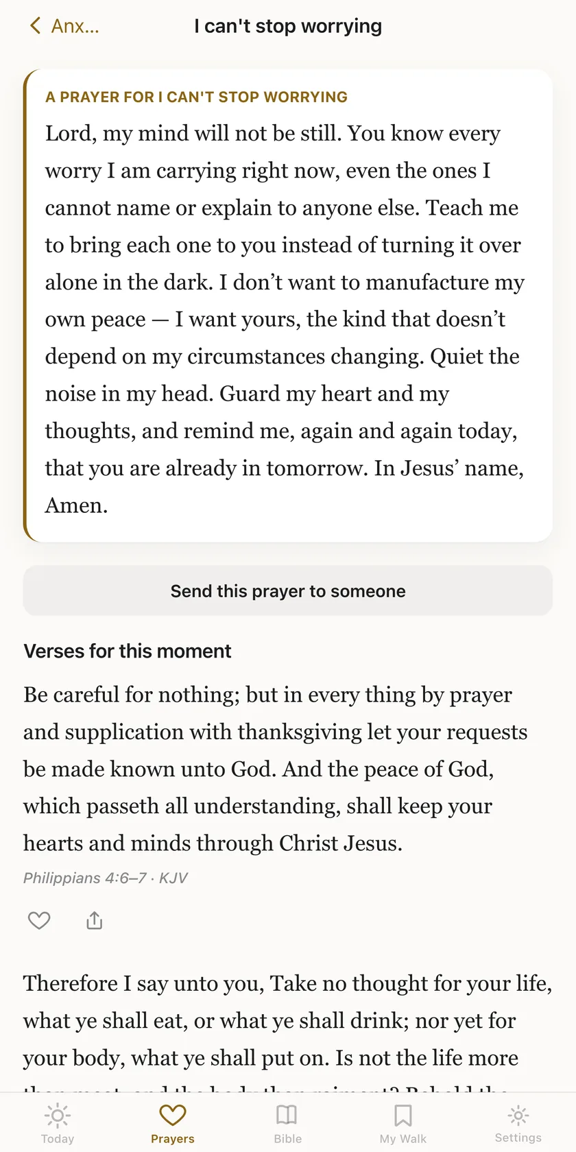 A prayer for anxiety and worry, with a 'Send this prayer to someone' button.