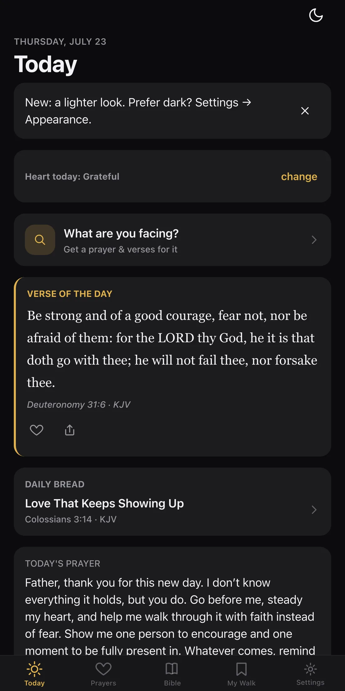 The Today screen in dark theme, showing the evening verse and prayer.