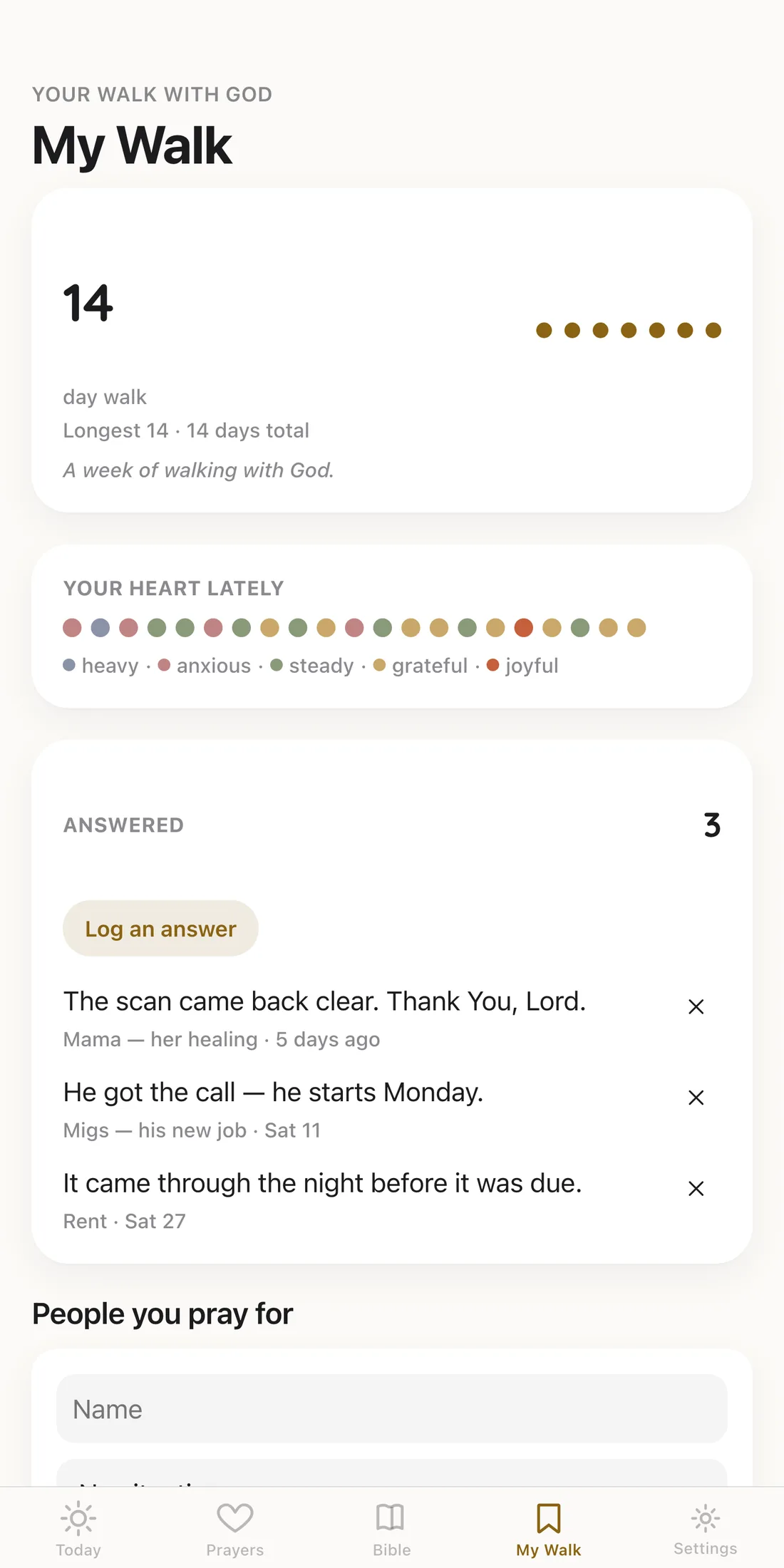 The My Walk screen showing a prayer entry and stones of answered prayer.